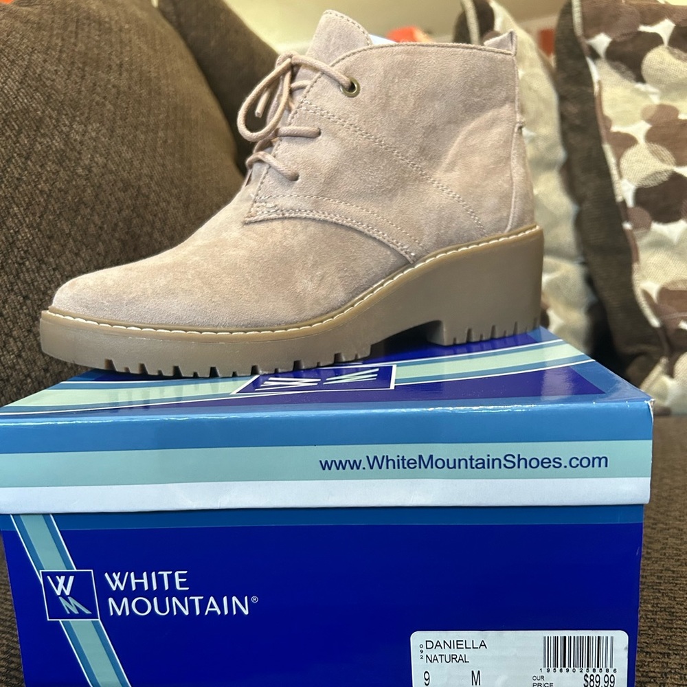 White Mountain Suede Booties, neutral color, brand new in original box.